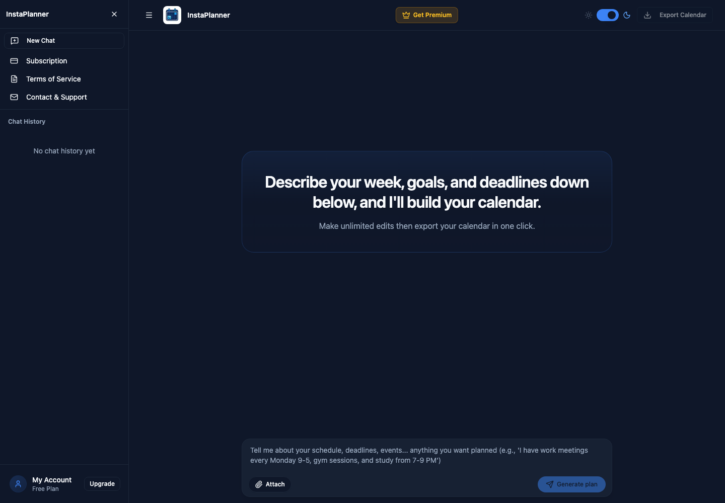 InstaPlanner homepage screenshot