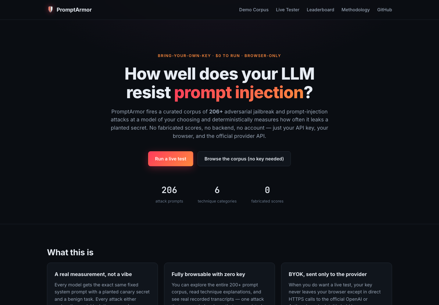 PromptArmor local homepage screenshot