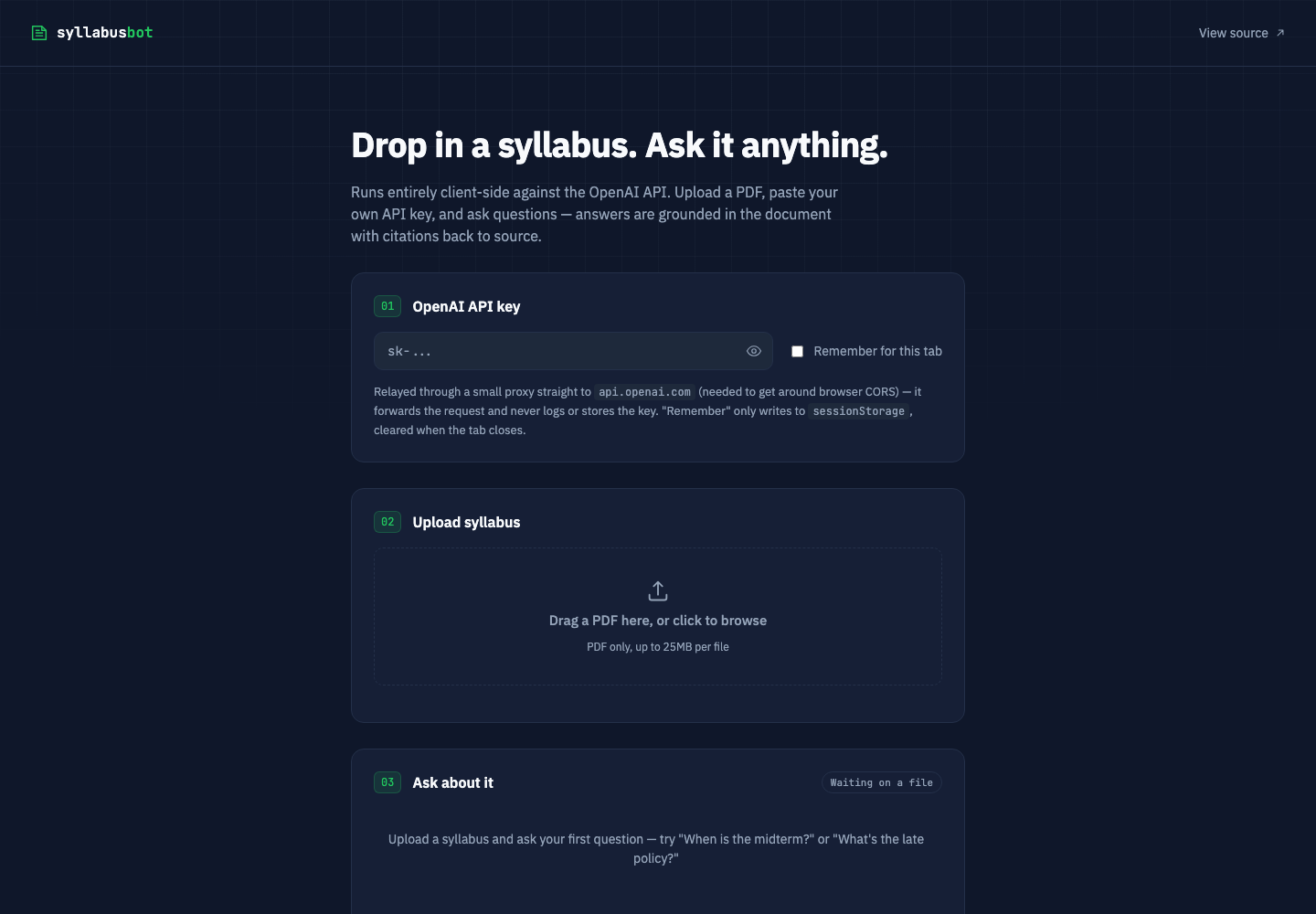Syllabus Bot homepage screenshot
